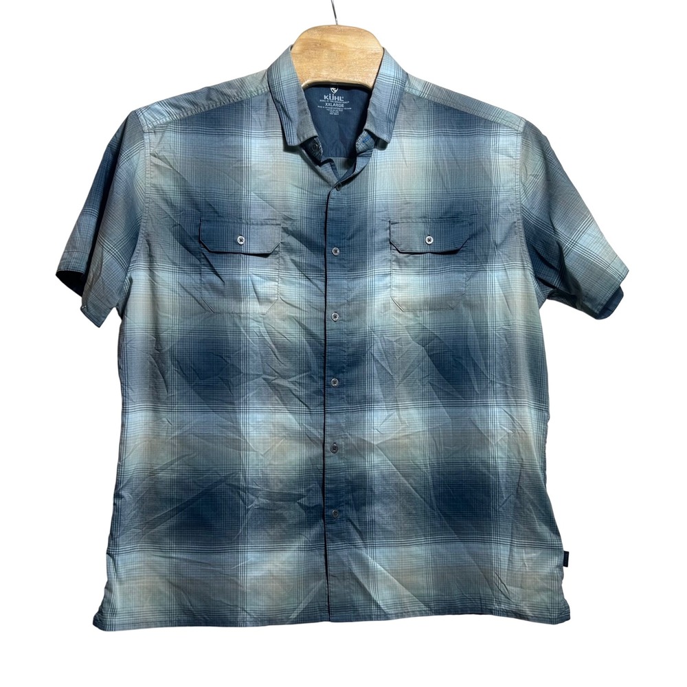 Kuhl Mens XXL Blue Plaid Short Sleeve Button Down Hiking Shirt Style 7452